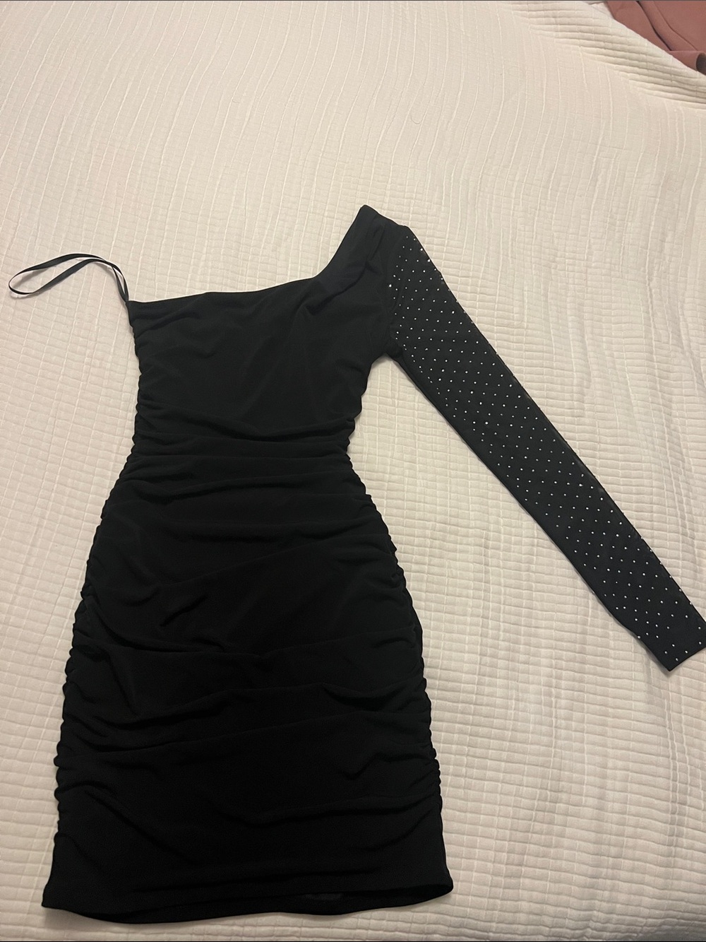 City Studio Black One-Shoulder Ruched Dress with Studded Sleeve